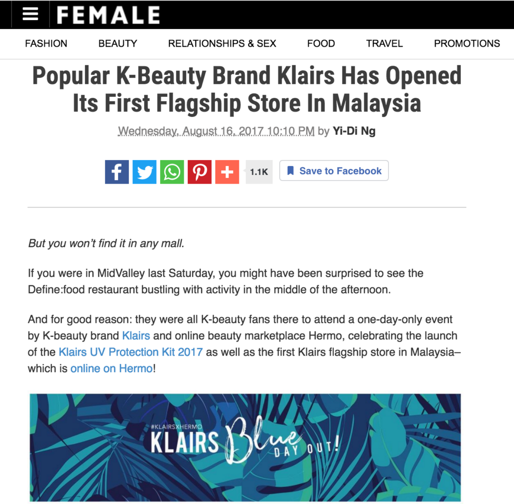 Klairs featured in Female Malaysia