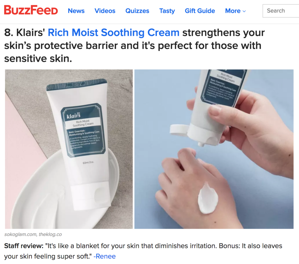Klairs featured on Buzzfeed