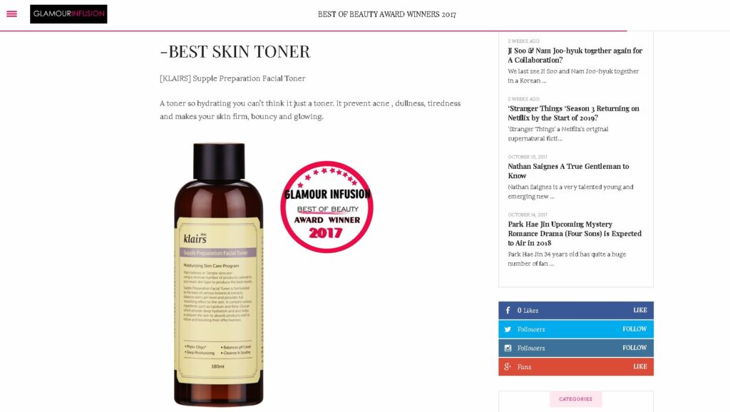 Klairs featured on Glamour Infusion