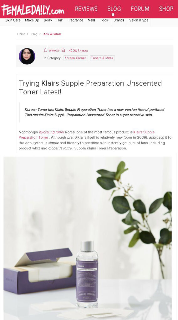 Supple Preparation Unscented Toner featured on Female Daily