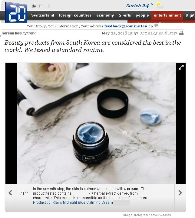 Klairs Midnight Blue Calming Cream Featured in 20minuten