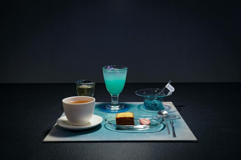 "Blue Drop Tea Course at Klairs Seoul, featuring traditional Korean teas and special desserts from Magpie & Tiger."